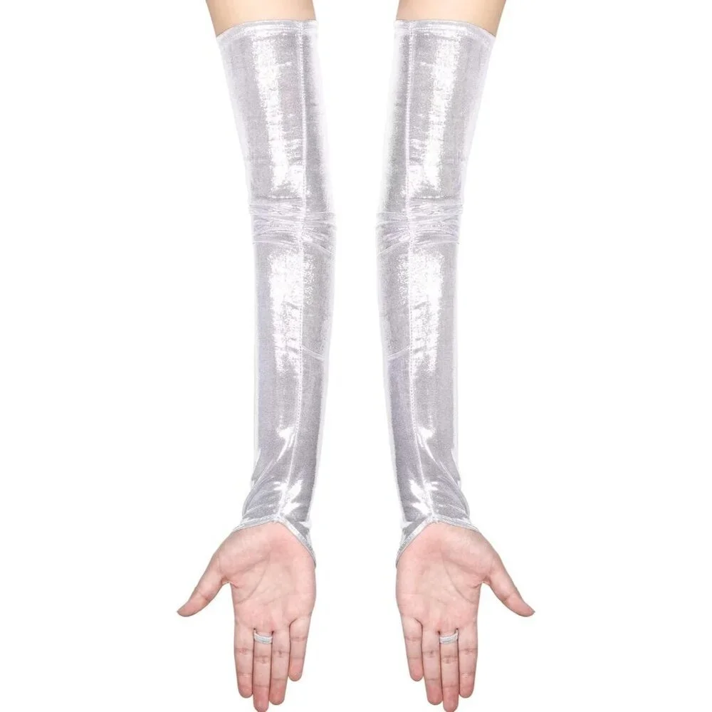 Women's Silver Shiny Elastic Satin Rave Fingerless Long Gloves Party Costume